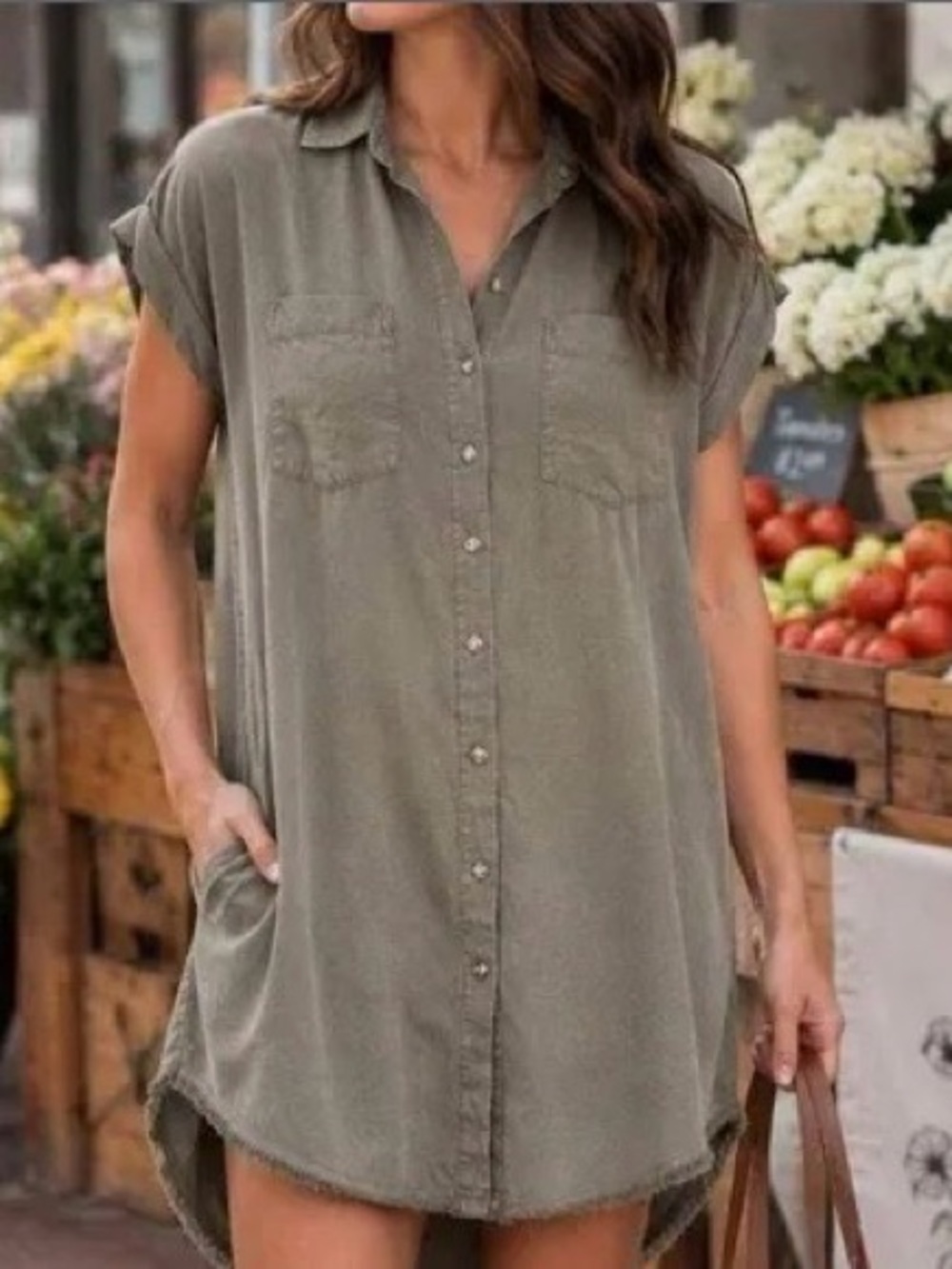 cloth & stone Olive Button-Front Shirt Dress